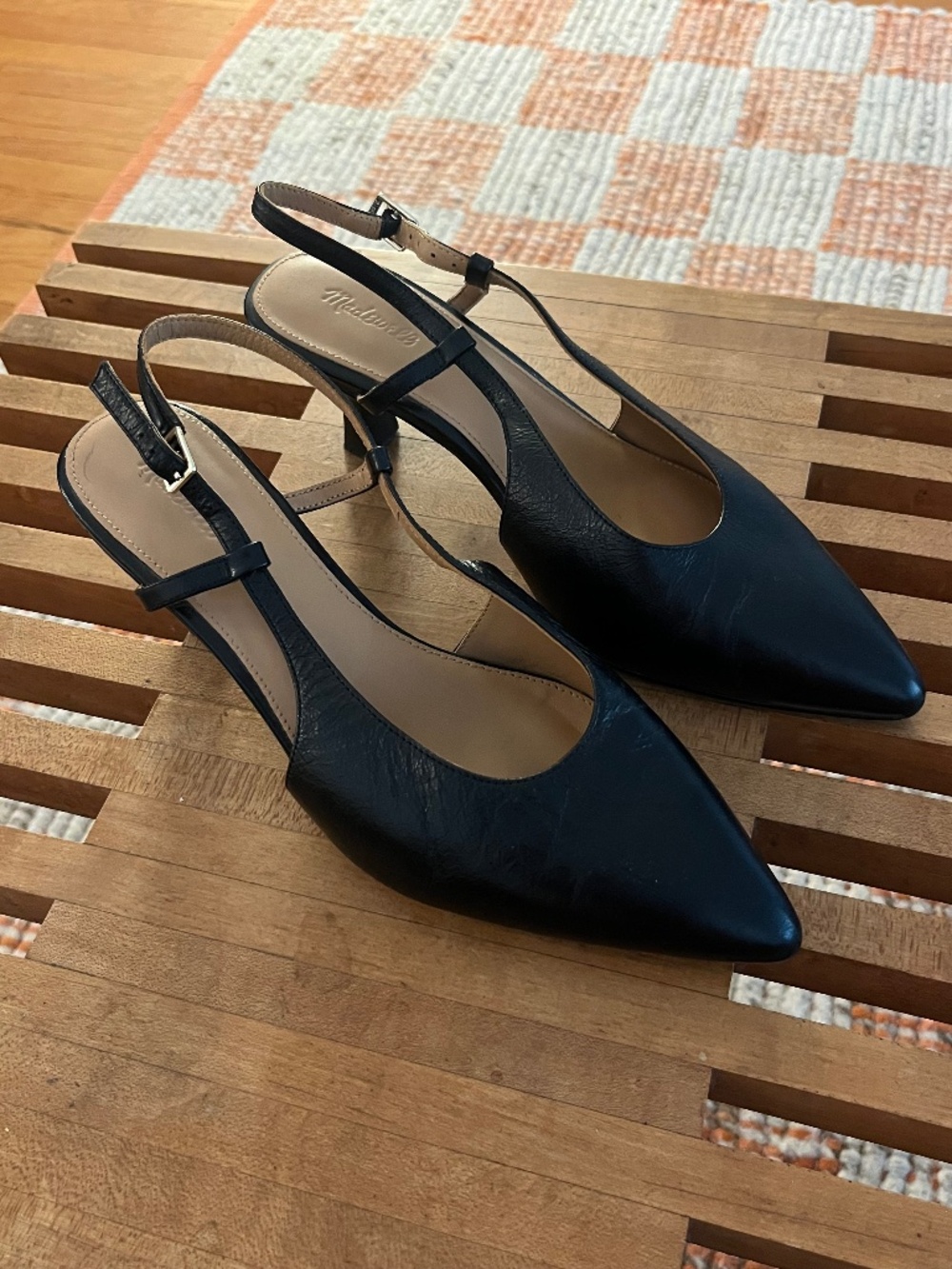 Madewell Black Leather Pointy Toe Slingback Kitten Heels